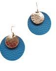 Bright blue and gold leather earrings – Grian agus Gealach design, handmade in Ireland