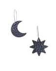Black leather star and moon mismatched earrings with silver hooks, handcrafted from textured Italian leather