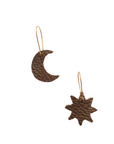 Brown leather star and moon mismatched earrings with gold hooks, handmade from textured Italian leather