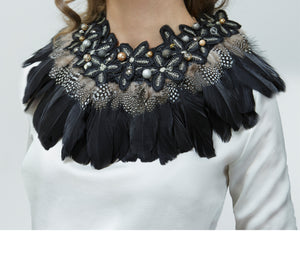 Beaded black and camel feather collar neckpiece