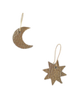 Gold leather moon and star mismatched earrings with gold hooks, handcrafted from Italian leather