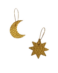 Gold leather star and moon mismatched earrings with gold hooks, handmade from metallic textured Italian leather