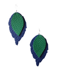 Layered leather leaf earrings in deep green and navy, crafted from textured Italian leather with a lightweight finish