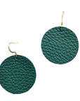Grian leather earrings in deep green – circular lightweight earrings with gold hooks on a plain white background