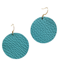 Grian leather earrings in turquoise – circular lightweight earrings with gold hooks photographed on a plain white background