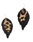 Layered leather earrings in black with a bold leopard print top layer, handcrafted from Italian top-grain leather