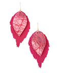 Statement earrings in vibrant pink with a glossy patterned top layer and textured leather base, crafted from Italian leather in a bold, layered leaf shape