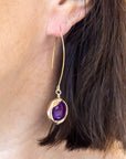 Gold surround coin earrings in purple agate – handmade in Ireland