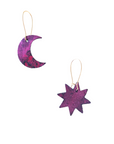 Purple leather star and moon mismatched earrings with gold hooks, handcrafted from marbled Italian leather