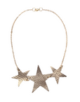Réalt Star Necklace in gold leather with three statement stars and a gold chain, displayed flat on a white background