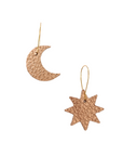 Rose gold leather star and moon mismatched earrings with gold hooks, handmade from metallic textured Italian leather