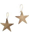 Pair of gold leather star earrings with a textured finish and gold-tone hooks, displayed against a white background
