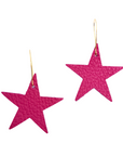 Pair of pink leather star earrings with a textured finish and gold-tone hooks, displayed on a white background