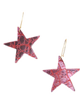 Pair of metallic pink textured leather star earrings with gold-plated hooks, displayed on a white background