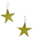 Pair of lime green star-shaped leather earrings with gold-plated hooks, shown on a white background