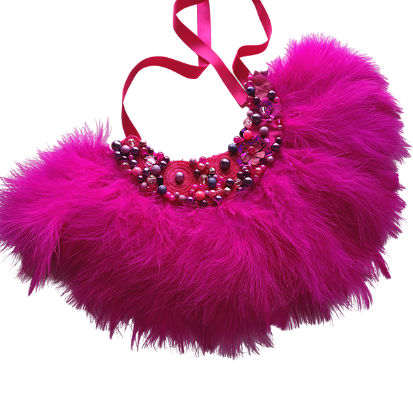 Cerise pink, hot pink large feather neckpiece with beading
