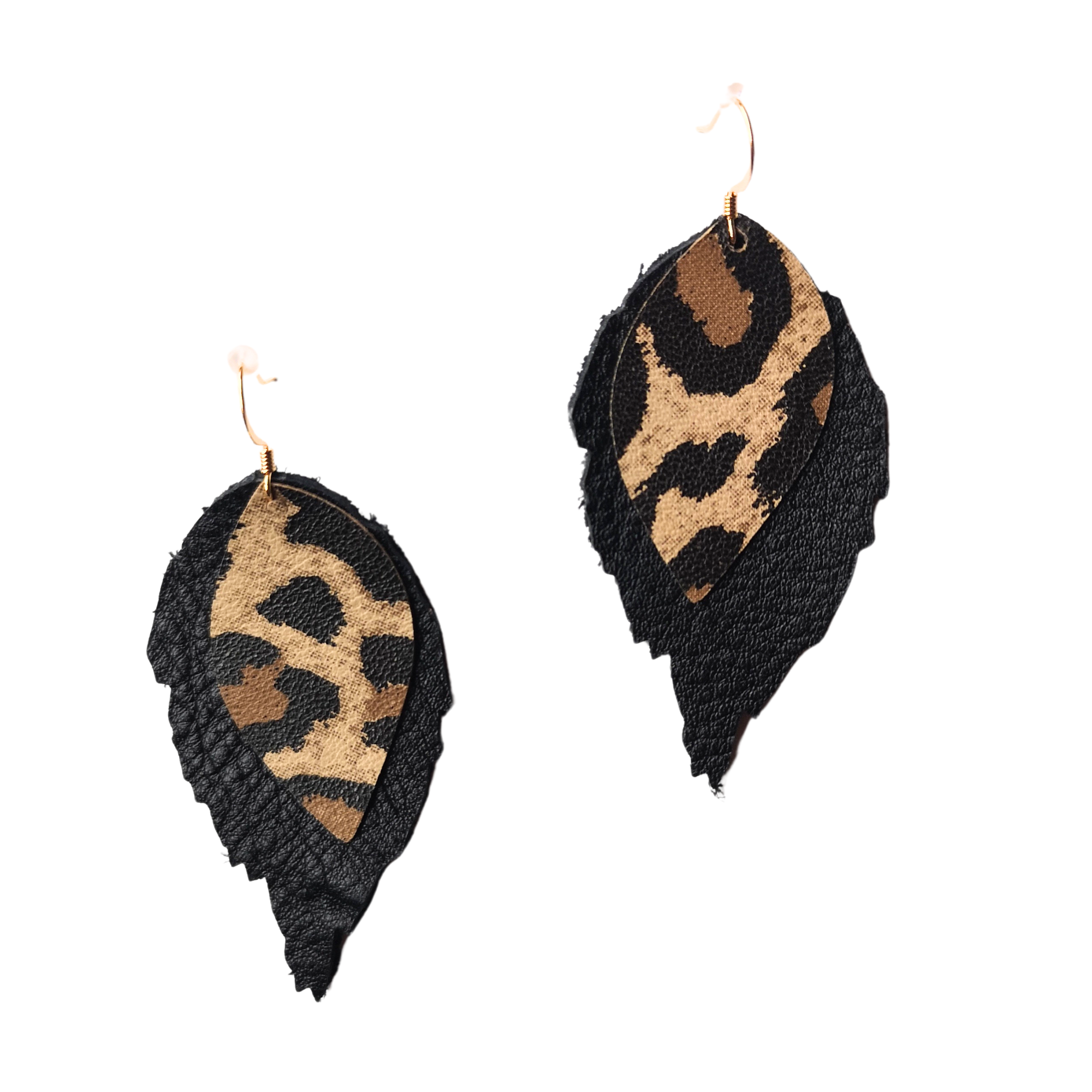 Layered leather earrings in black with a bold leopard print top layer, handcrafted from Italian top-grain leather
