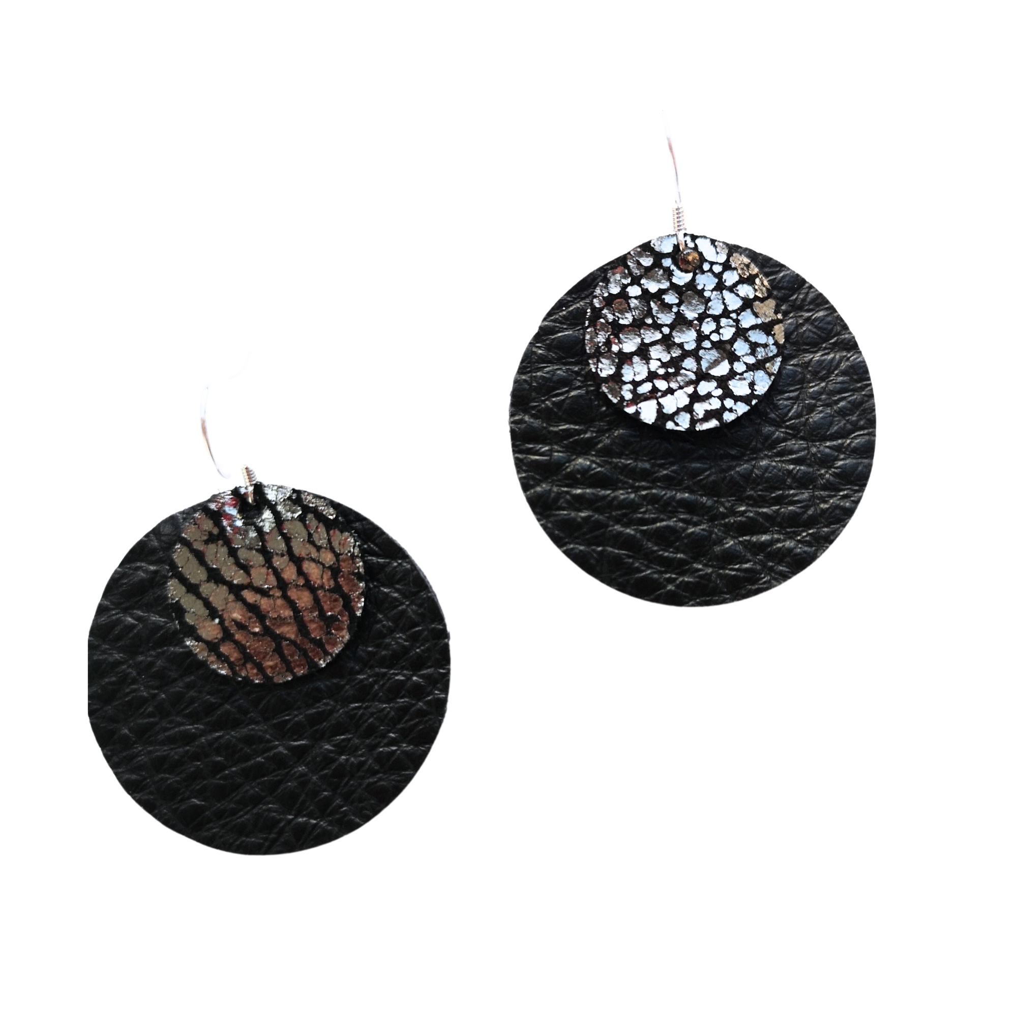 Black and metallic silver leather earrings – Grian agus Gealach design, handmade in Ireland