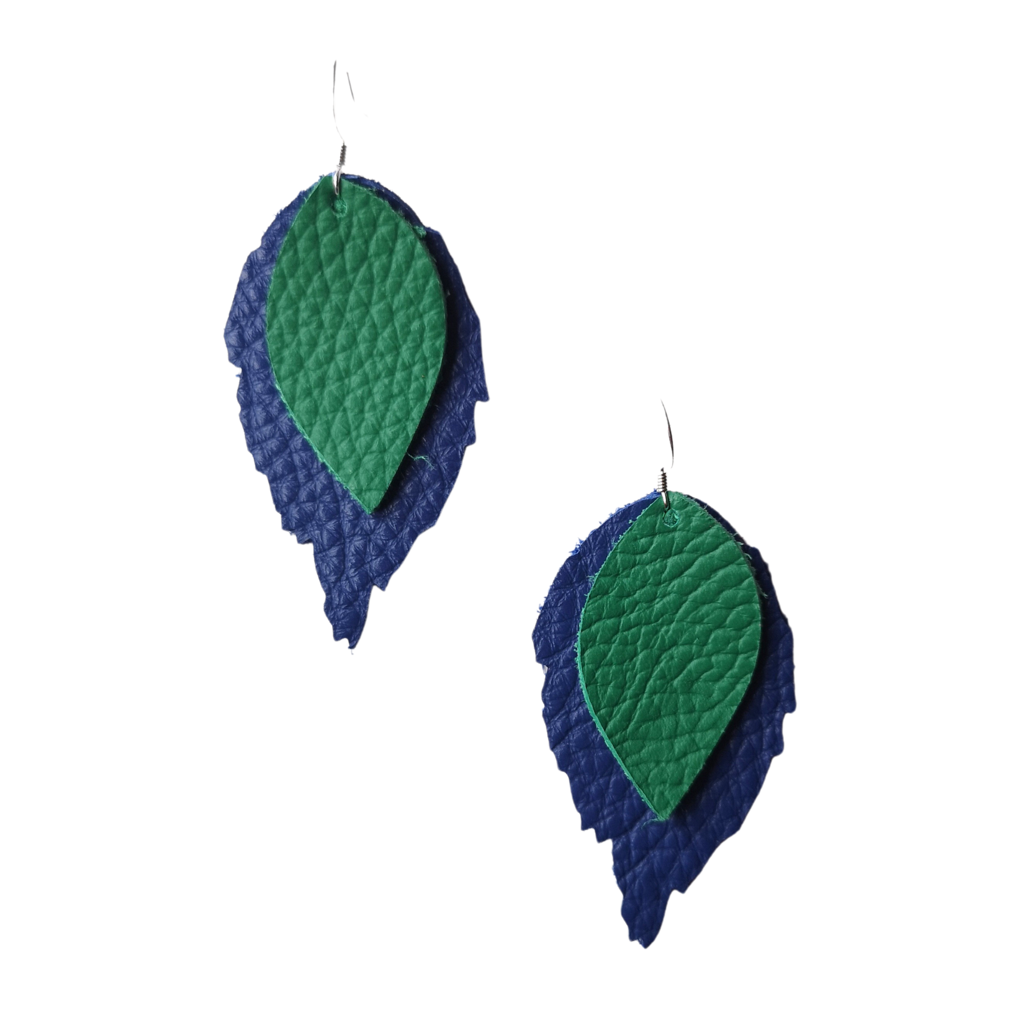 Layered leather leaf earrings in deep green and navy, crafted from textured Italian leather with a lightweight finish