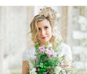 Handmade bridal headpiece in gold leather crown