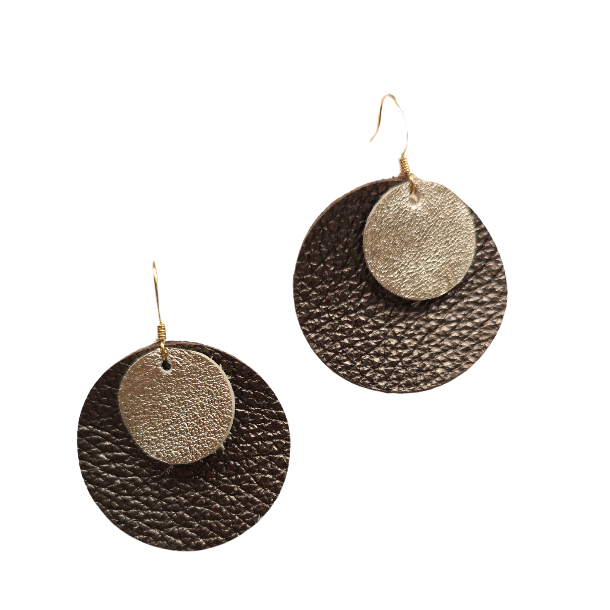 Dark brown and gold leather earrings – Grian agus Gealach design, handmade in Ireland