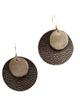 Dark brown and gold leather earrings – Grian agus Gealach design, handmade in Ireland
