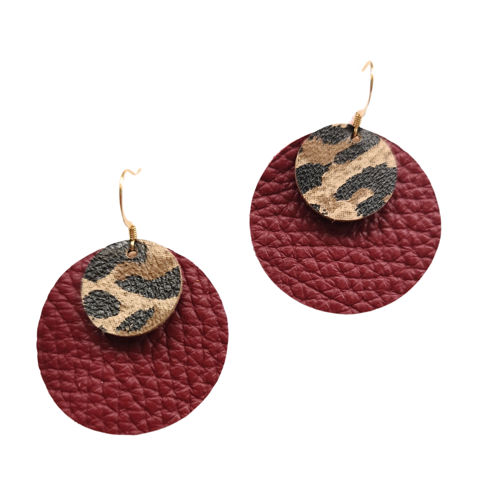 Burgundy and leopard-print leather earrings – Grian agus Gealach design, handmade in Ireland