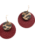 Burgundy and leopard-print leather earrings – Grian agus Gealach design, handmade in Ireland