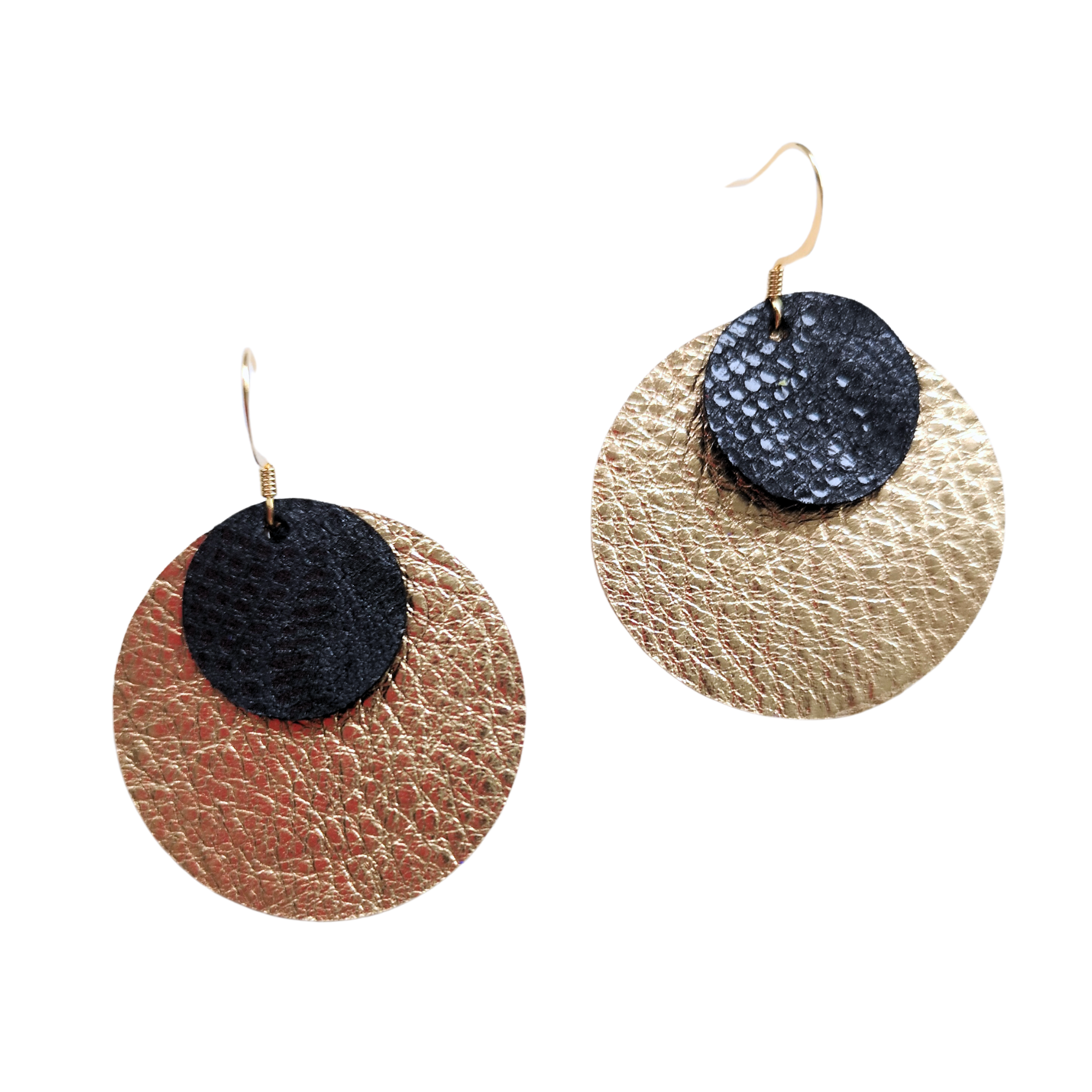 Gold and black leather earrings – Grian agus Gealach design, handmade in Ireland