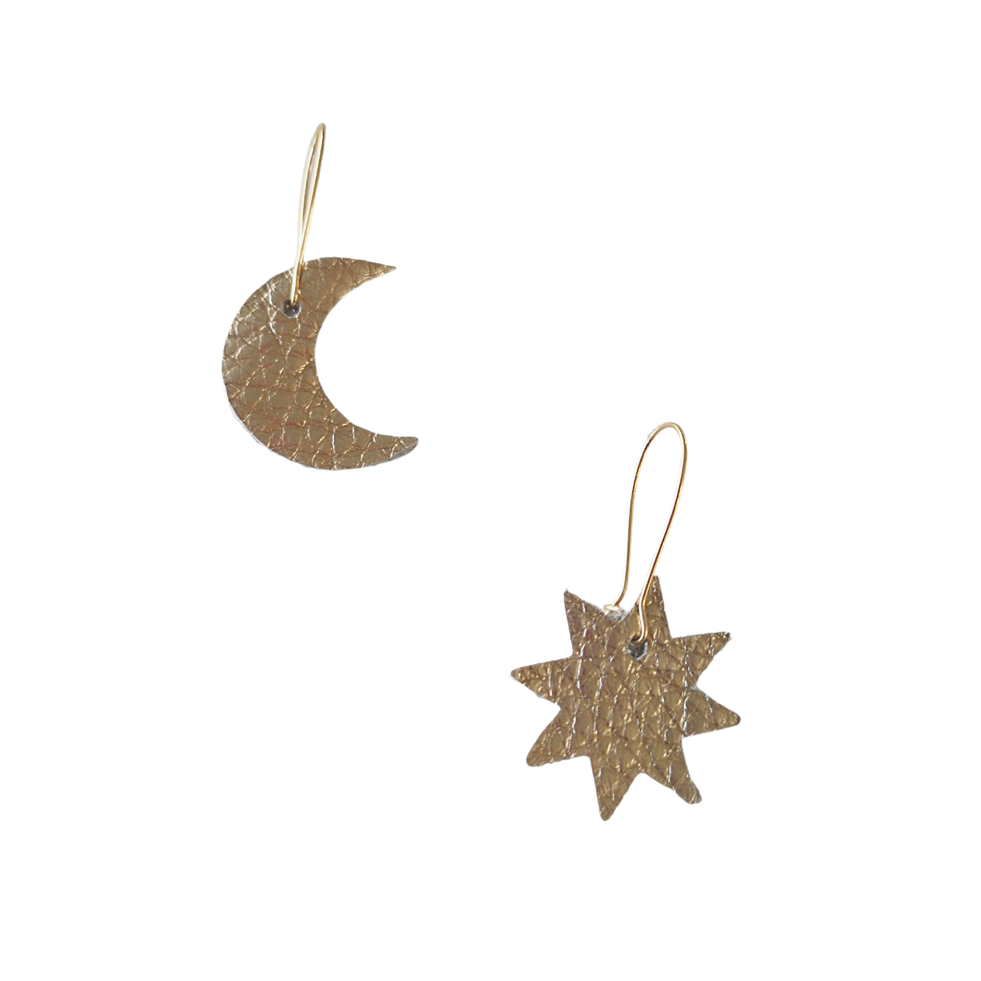 Gold leather moon and star mismatched earrings with gold hooks, handcrafted from Italian leather