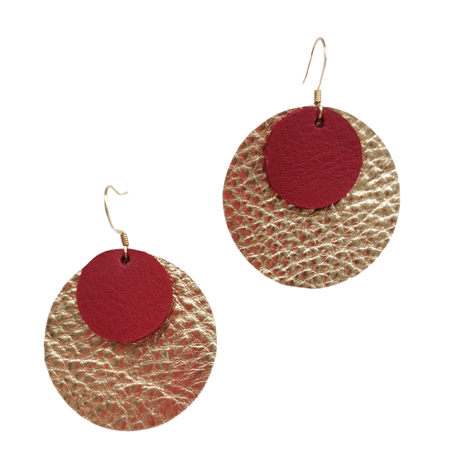 Red and gold leather earrings inspired by sun and moon
