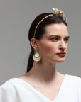 Grian agus Gealach leather earrings in white and gold on model