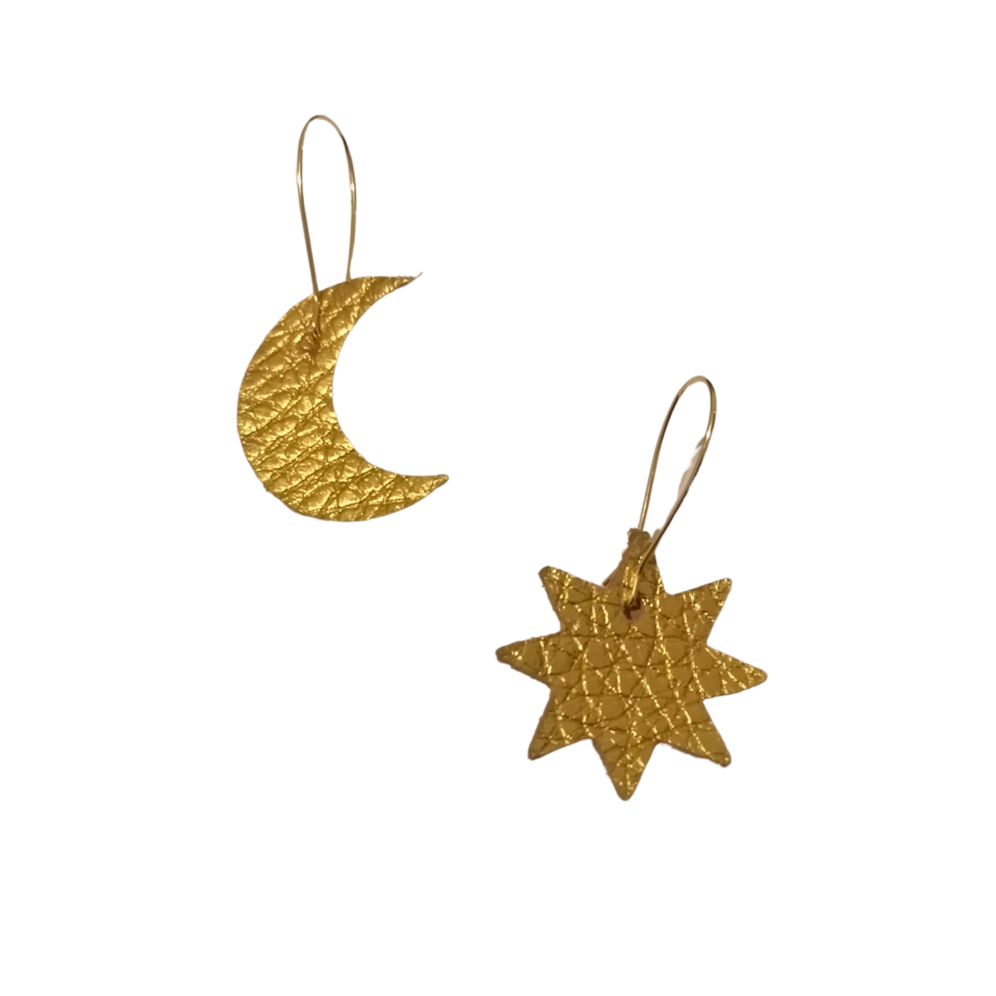 Gold leather star and moon mismatched earrings with gold hooks, handmade from metallic textured Italian leather