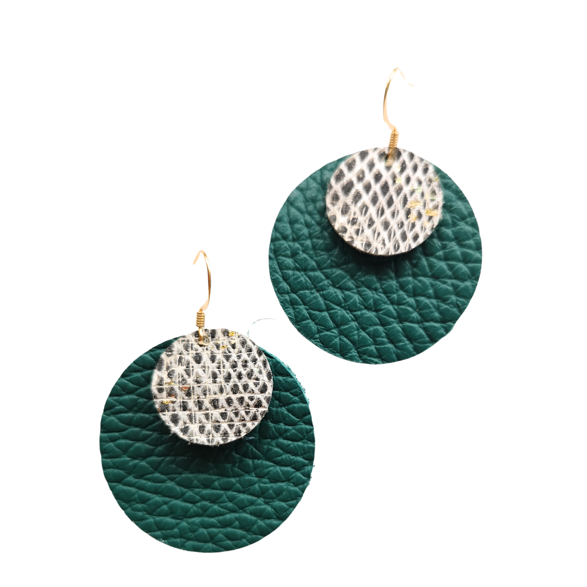 Emerald green and gold snakeskin-effect leather earrings – Grian agus Gealach design, handmade in Ireland