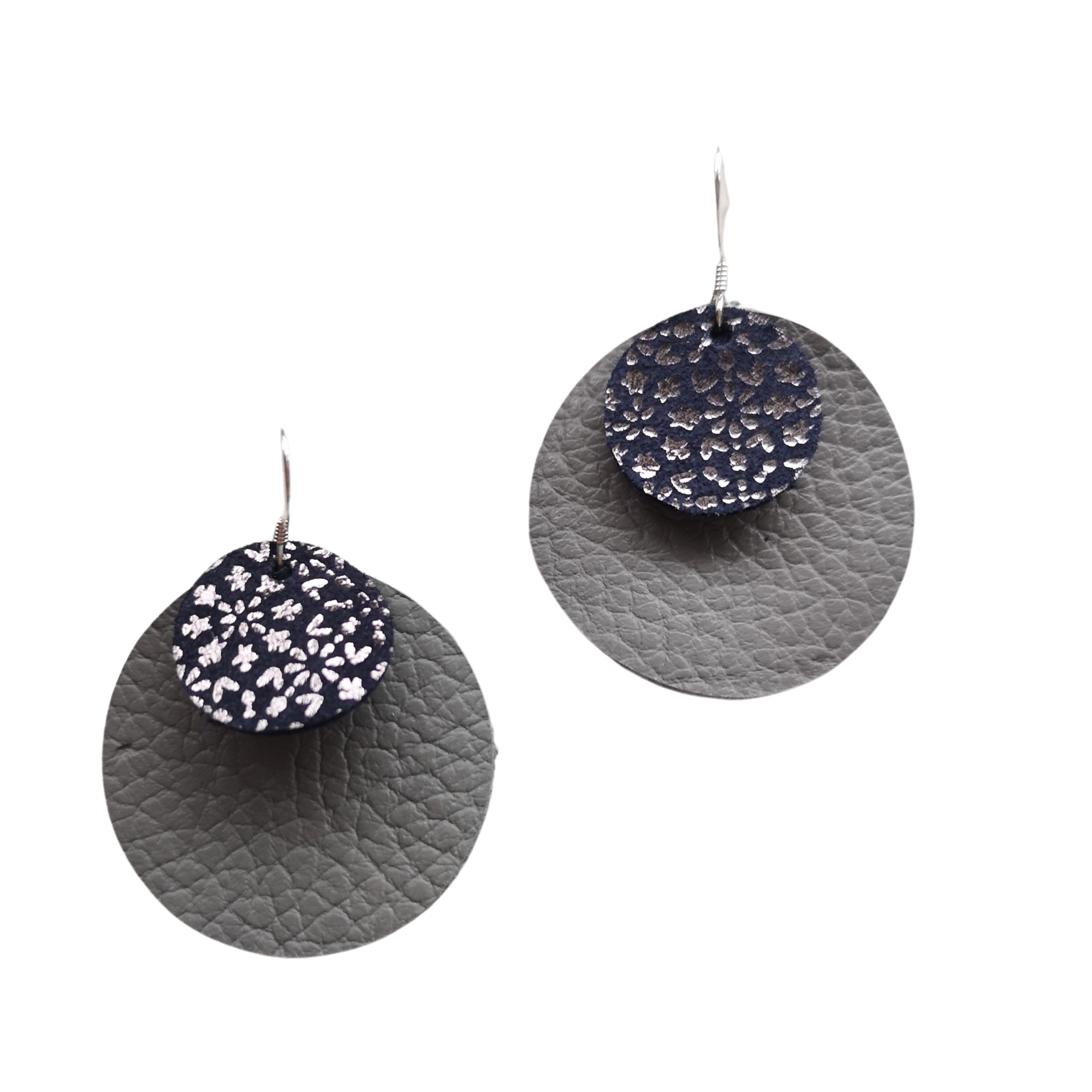Grey and navy leather earrings with silver foil detail – Grian agus Gealach design, handmade in Ireland