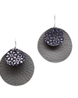 Grey and navy leather earrings with silver foil detail – Grian agus Gealach design, handmade in Ireland