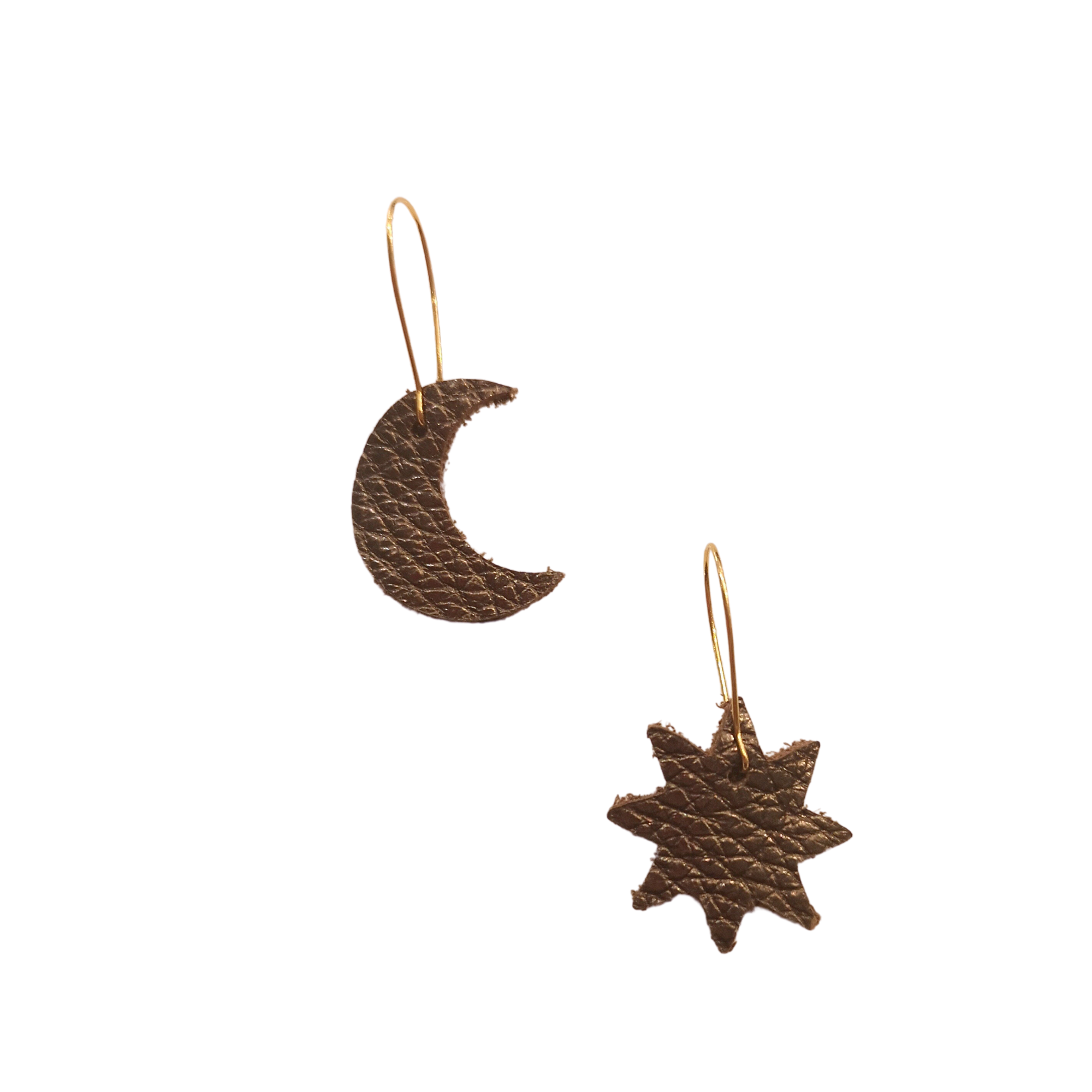 Brown leather star and moon mismatched earrings with gold hooks, handmade from textured Italian leather
