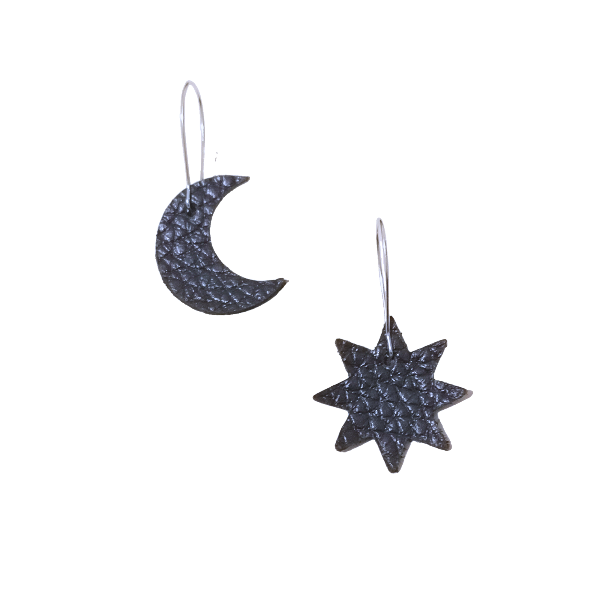 Black leather star and moon mismatched earrings with silver hooks, handcrafted from textured Italian leather