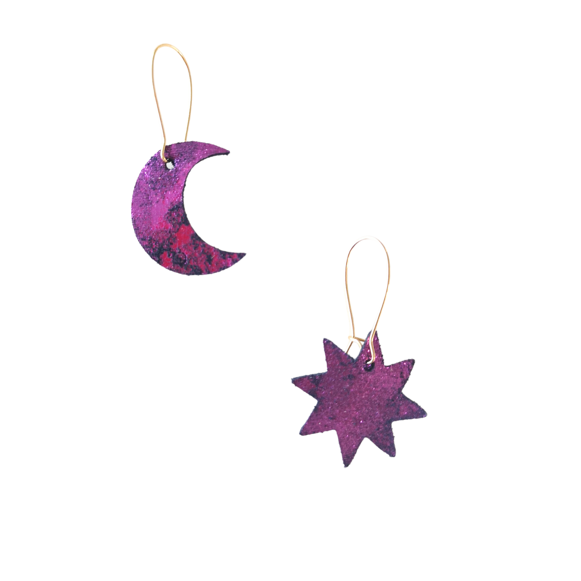 Purple leather star and moon mismatched earrings with gold hooks, handcrafted from marbled Italian leather