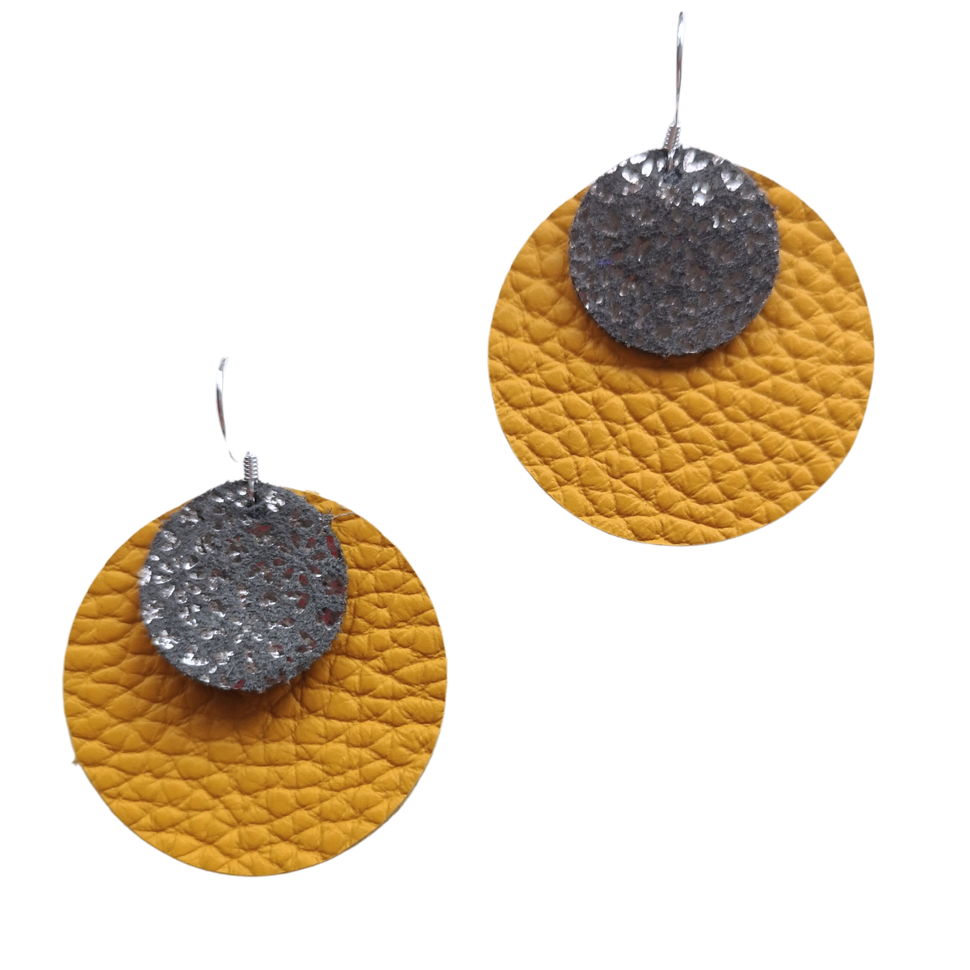 Mustard and metallic grey-sliver leather earrings – Grian agus Gealach design, handmade in Ireland