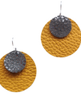 Mustard and metallic grey-sliver leather earrings – Grian agus Gealach design, handmade in Ireland