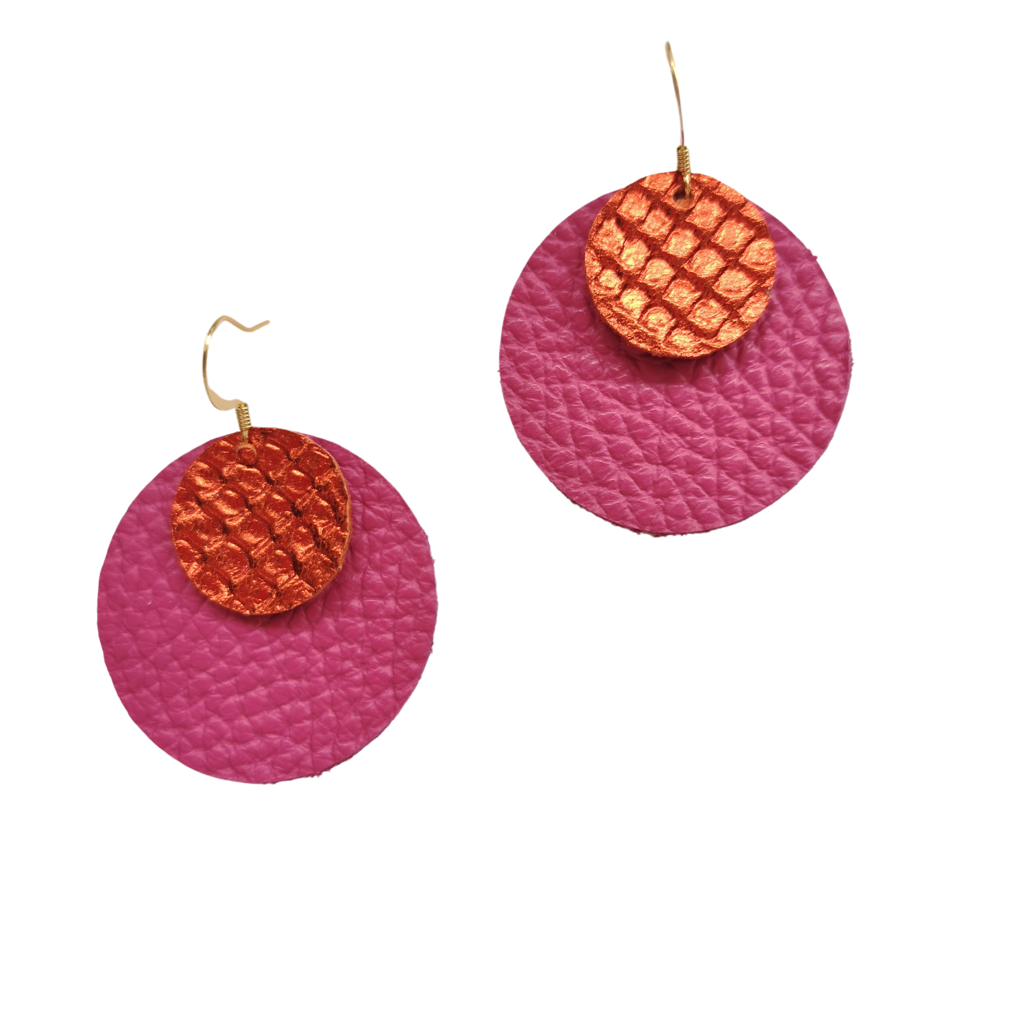 Hot pink and metallic orange leather earrings – Grian agus Gealach design, handmade in Ireland