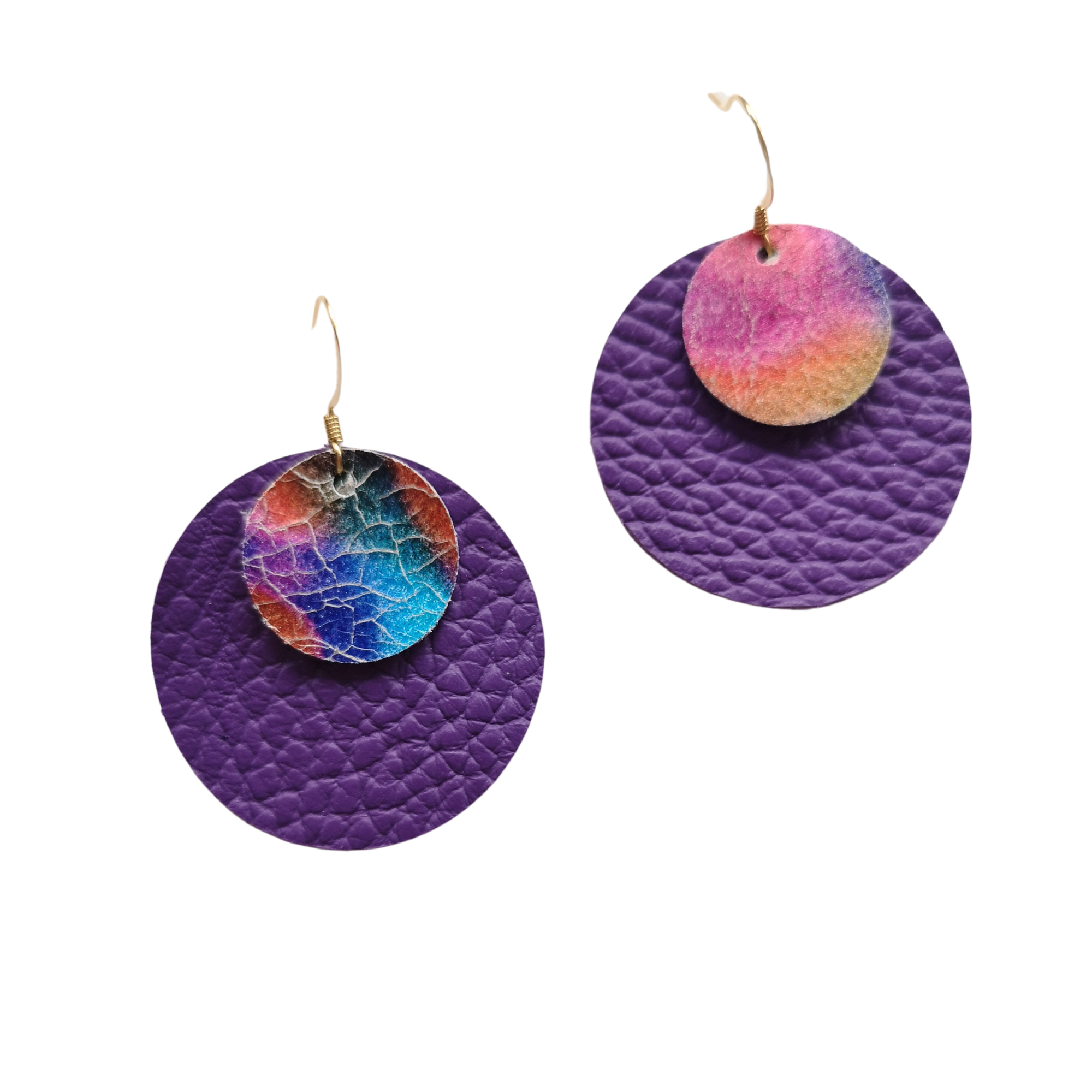 Purple and rainbow leather earrings – Grian agus Gealach design, handmade in Ireland