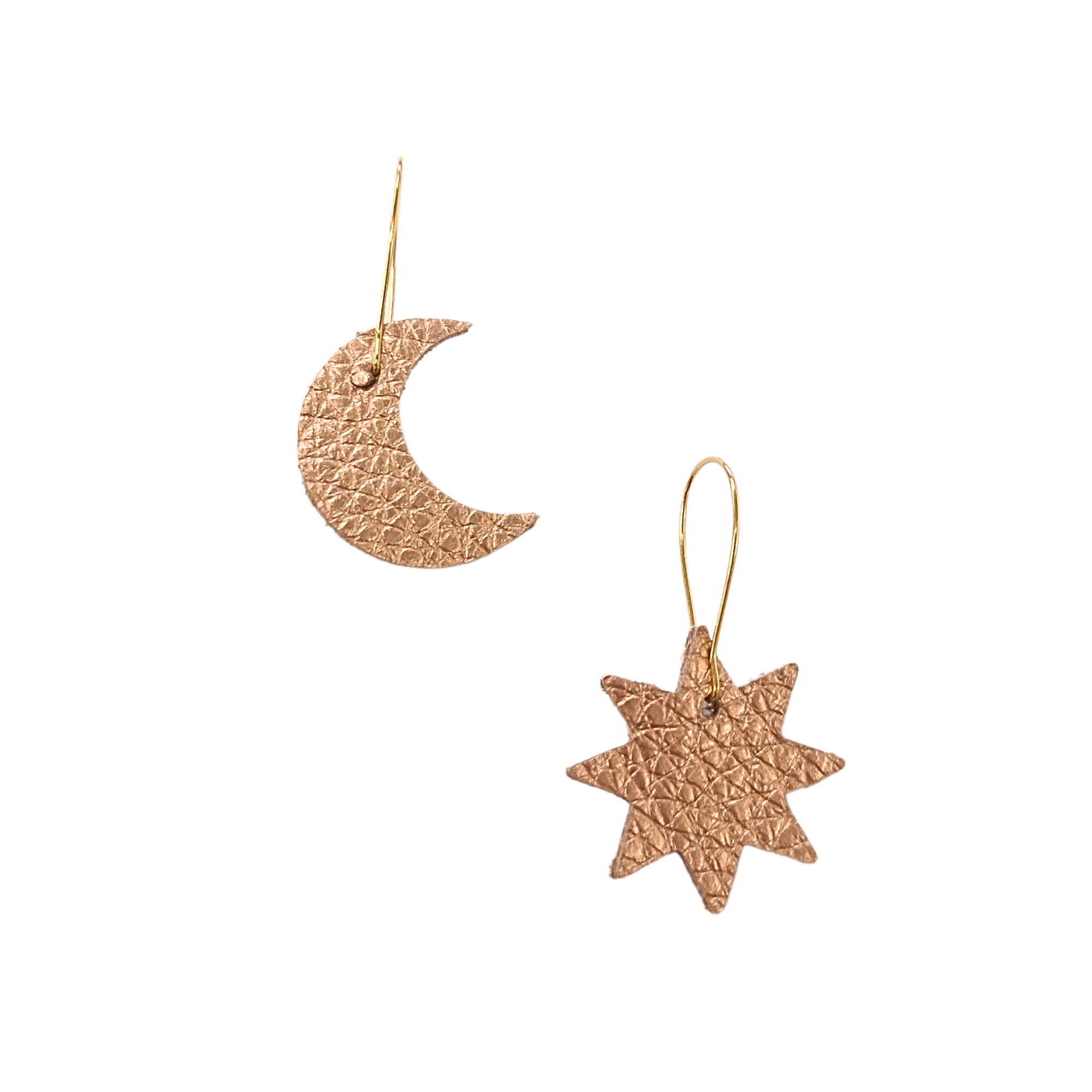 Rose gold leather star and moon mismatched earrings with gold hooks, handmade from metallic textured Italian leather