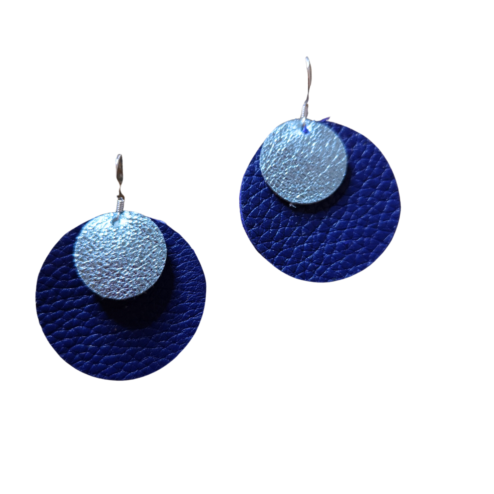 Metallic Blue and navy Grian agus Gealach leather earrings – handmade in Ireland