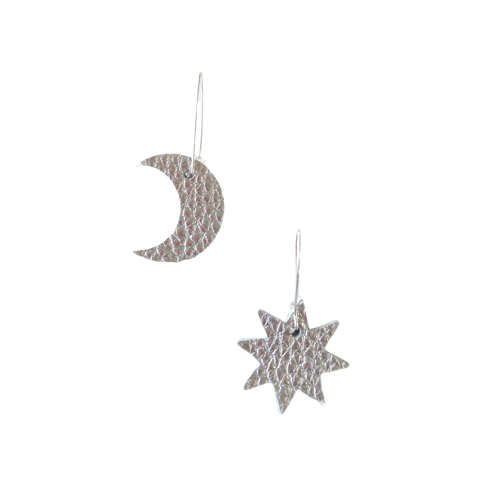 Silver leather moon and star mismatched earrings with platinum-plated hooks, handcrafted from Italian leather