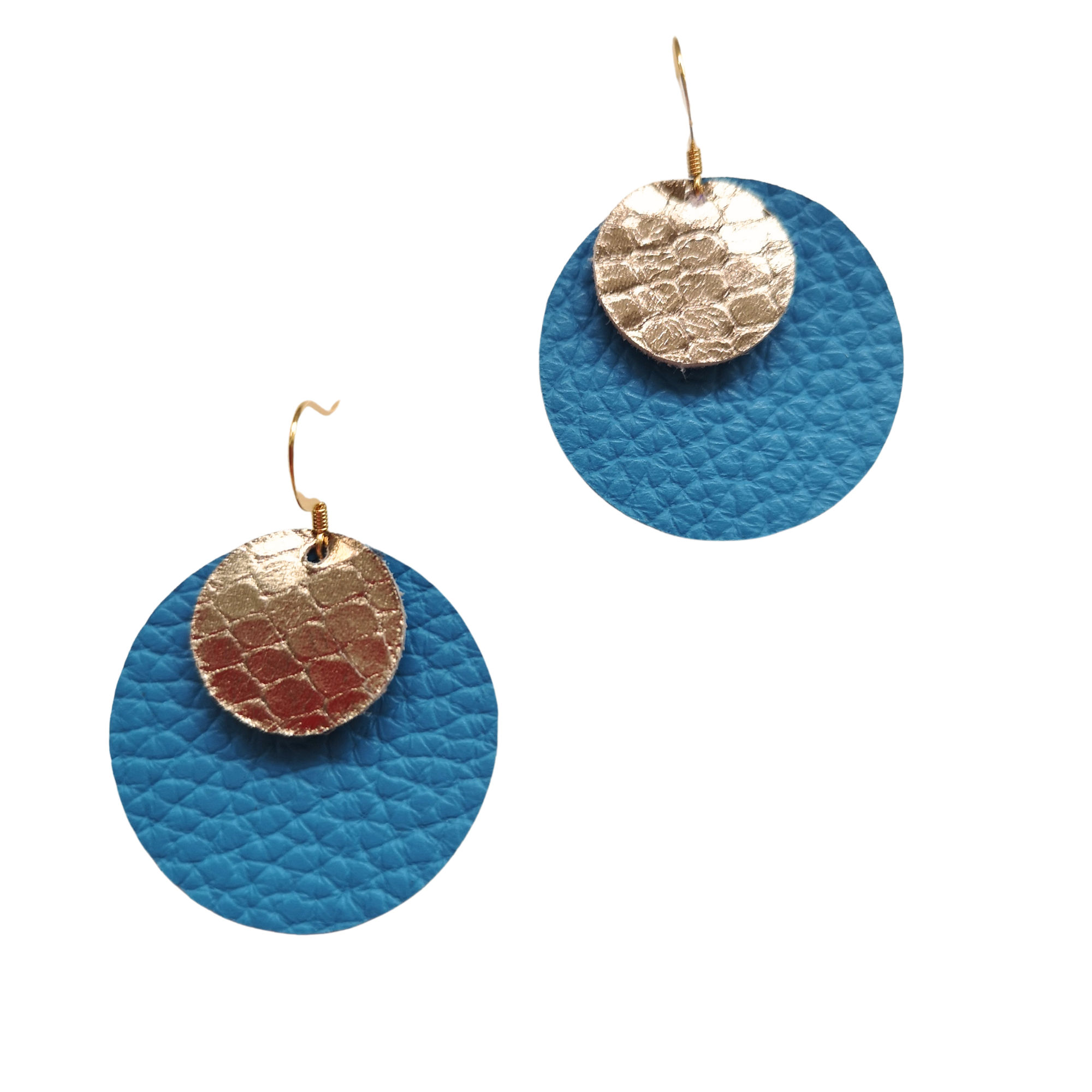 Bright blue and gold leather earrings – Grian agus Gealach design, handmade in Ireland