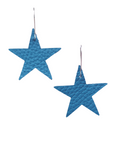 Pair of bright blue leather star earrings with visible texture and gold hooks, photographed against a plain white background