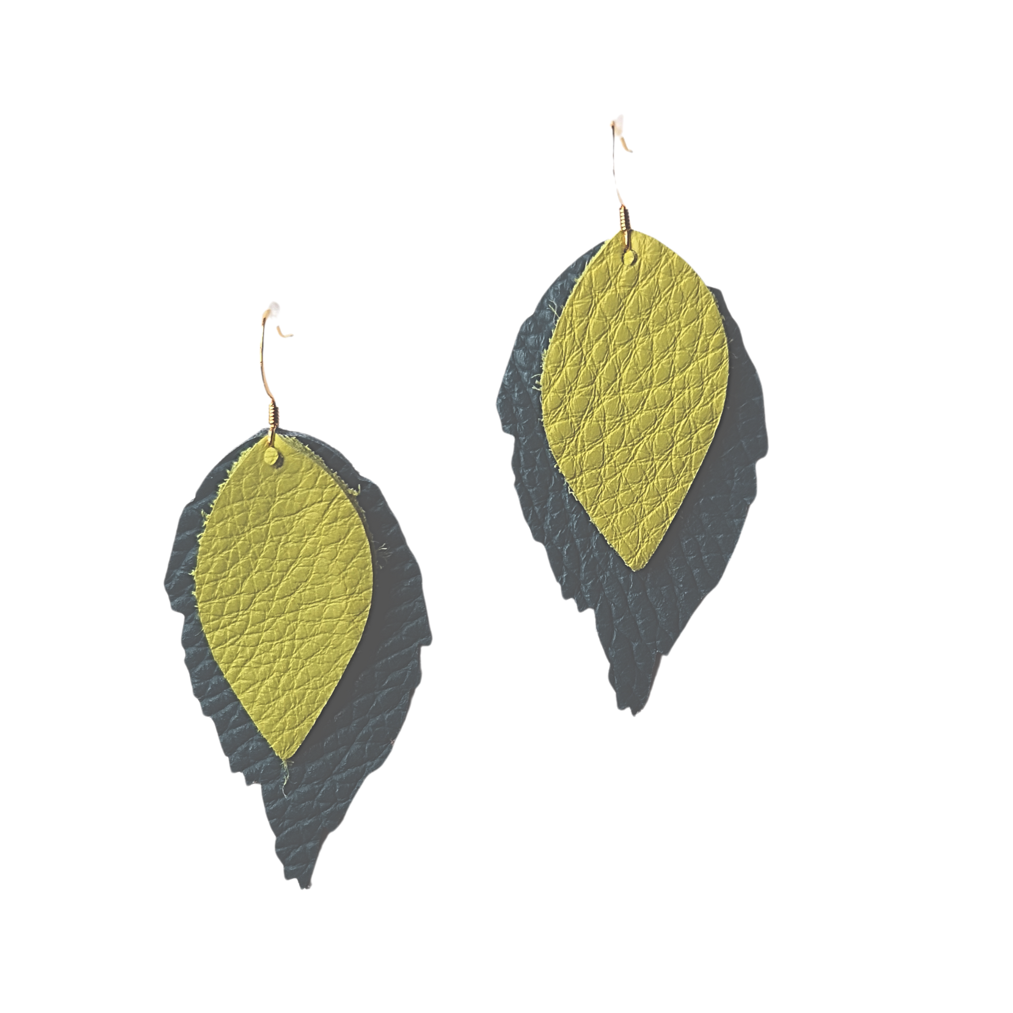 Statement leather earrings with layered leaf shapes in teal and lime, crafted from Italian top-grain leather