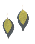 Statement leather earrings with layered leaf shapes in teal and lime, crafted from Italian top-grain leather